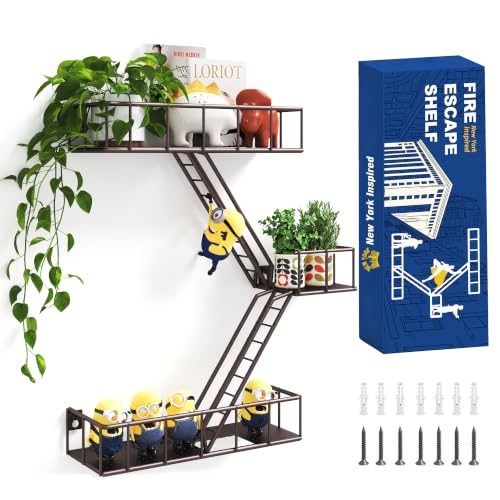 MVPSONAG Fire Escape Shelf - 3 Tier Metal Coffe Fire Escape Wall Shelves with Baskets New York Action Figurine Display Shelf Unique Rustic Floating Decorative Wall Shelves for Any Room