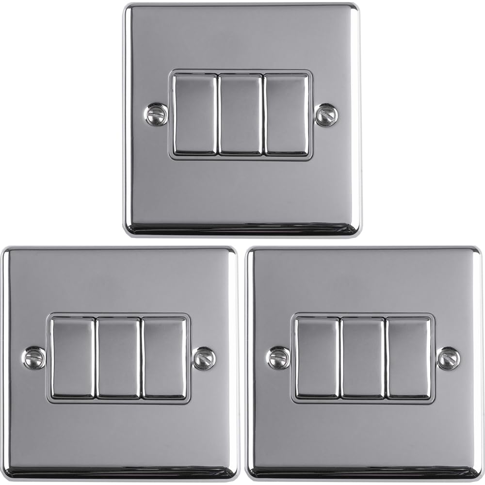 3 Stück 3-Gang-Dreifach-Lichtschalter, poliertes Chrom, 2-Wege, 10 A, graue Zierleiste, dekorative Küche, Wohnzimmer, Schlafzimmer, Teller