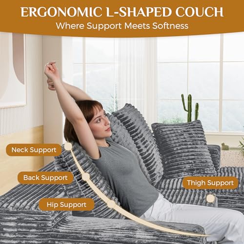 Image of 108 inch Boneless Cloud Sectional Couches for Living Room, Comfy Fluffy L Shaped Memory Foam Deep Seat Boneless Couch, Modular Sectional Sofa with Left Facing Chaise, Grey