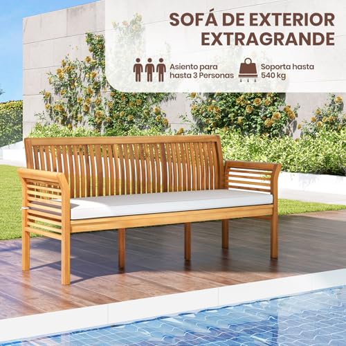 COSTWAY Banco de Jardín de 3 Plazas, Madera de Acacia Exterior, Cojines Suaves, Respaldo y Apoyabrazos Ergonómicos, Para Terraza, Balcón, 159 x 59 x 77 cm - imagen 6