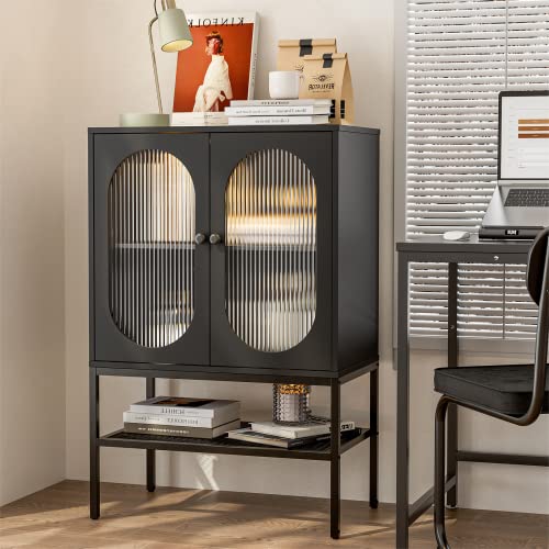 Ikifly Glass Accent Sideboard Buffet Cabinet W/Led Lights, Modern Black Storage Cabinet With Adjustable Wide Shelf And Open Storage Space For Entryway Dining Room Living Room Bathroom #TOP28