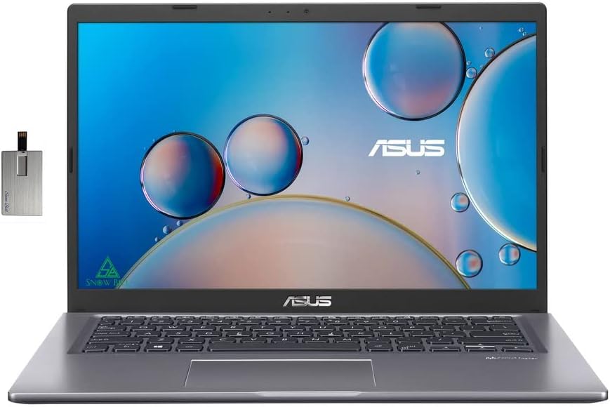 Image of ASUS 2022 VivoBook 14 inch FHD Laptop, AMD Athlon Gold 3150U, 4GB RAM, 128GB PCIe SSD, AMD Radeon Graphics, Backlit Keyboard, HD Webcam, Wi-Fi 5, Windows 10 Home, Slate Gray, 32GB Snowbell USB Card