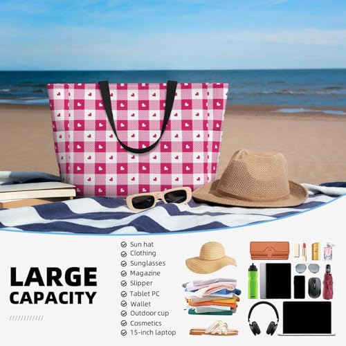 Large Beach Bags Water-resistant Sandproof - Hot pink plaid heart Cute Beach Tote Bags for Women with Zipper4