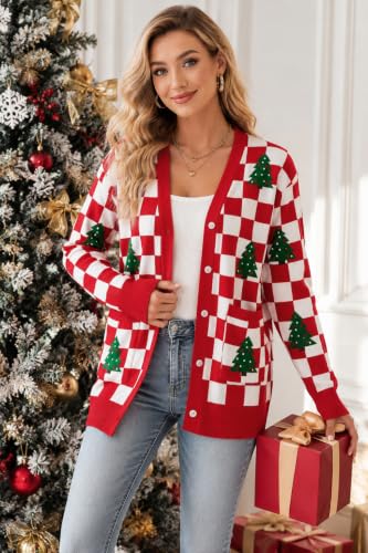 Checkerboard Christmas Tree Oversized Cardigan for Women - Image 3