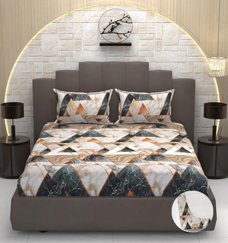 Image of 210TC Glace Cotton Soft Triangle Design Printed Fitted King Size 72x78x10 inches Bedsheet Set Lightweight & Durable All Season Comfort 1 Bed Sheet with 2 Pillowcase 17x27 inches Black