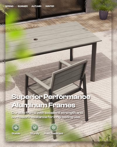 Image of 67 inch*32.3 inch*29.5 inch Patio Dining Table, Seamless Rectangle Aluminum + HDPS Outdoor Patio Dining Table with Umbrella Hole, Weather-Resistant for Lawn, Garden, Yard and Indoor Use (Gray)