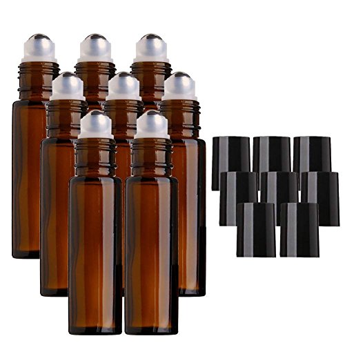 MINGZE 8 Stück 10ml Glasflaschen Glasroller für ätherische Öle Braunglasflaschen, Bernstein Glas Rolle Flaschen mit Edelstahl Metall Ball, Aromatherapie Parfum, Roller Ball Flasche für Flüssigkeit Cover