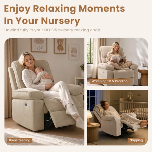 Image of Nursery Rocking Chair Glider with USB & Type-C Charging, Oversized 270 Swivel Recliner Chair for Breastfeeding, Baby Room Nursing Chair with Wide Foot Rest, Living Room Chair, Linen