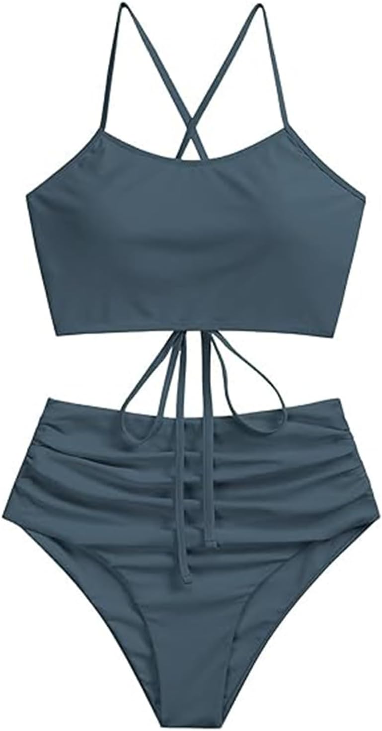 ZAFUL Women's High Waisted Bikini Set Crisscross Tankini Swimsuit Tummy Control Ruched Bathing Suit