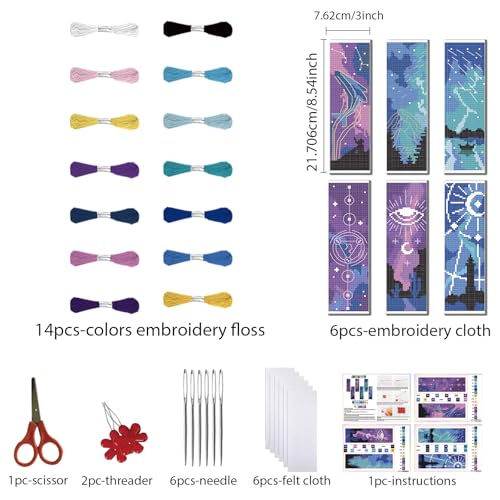 Image of FREEBLOSS 6 Set Cross Stitch Bookmark Kit Starry Sky Theme Stamped Cross Stitch Kit 11CT Embroidery Kits with Instructions for Beginners Adult 20x6cm /8x2.4inch
