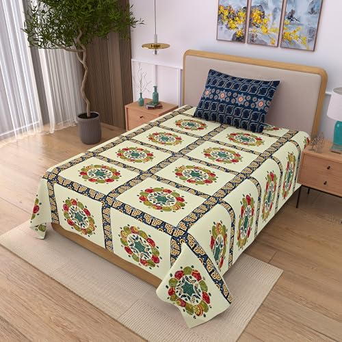 Image of 100% Cotton Single Bedsheet with 1 Pillow Cover | 240 TC Pure Cotton Flat Bed Sheet | Traditional Jaipuri Printed Bedding Set | Soft & Breathable | 60 x 90 Inch (Rangmahal Single 68)