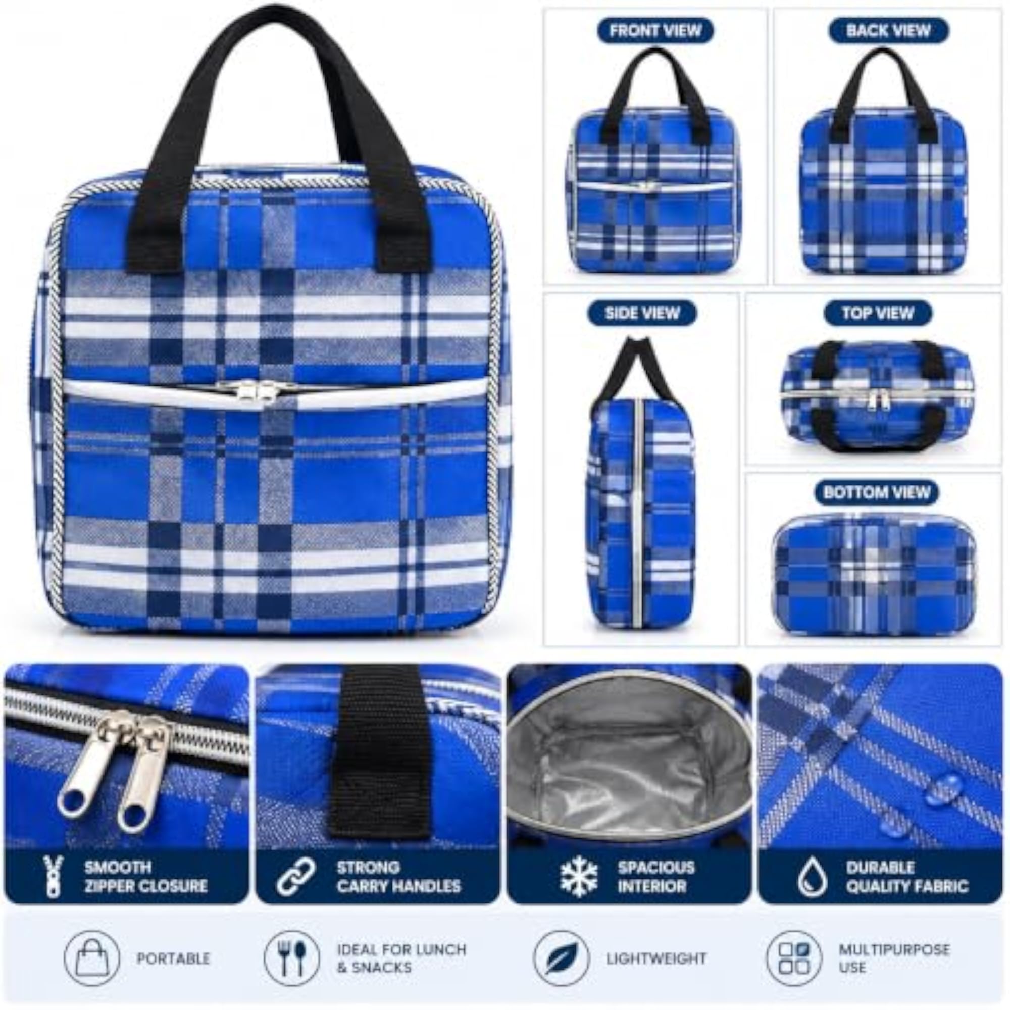 Blue Plaid Thermal Food Storage Lunch Bag