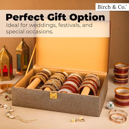 Image of Birch & Co. Bangle Organizer - Bangles Box for Women - Chudi Box for Bridal - Bangle Storage Box for Bride, Durable & Elegant Bangle Holder, Large, Gold,Engineered Wood