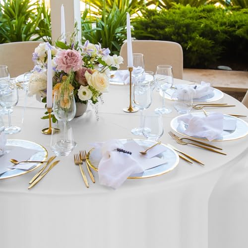 Image of 16 Pack White Plastic Tablecloth for Round Tables, Premium Decorative White Disposable Table Cloths for Parties, Bulk Round Party Table Cover for Birthday Wedding Anniversary Graduation, 84 Inch
