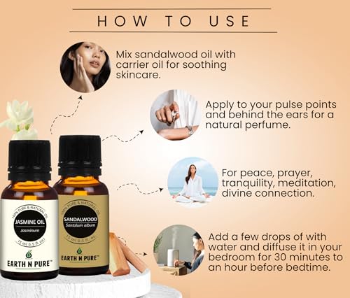 Image of Earth N Pure Sandalwood & Jasmine Essential Oils | Pack of 2 (15 ml each) | 100% Pure, Undiluted, Natural and Therapeutic Grade - Perfect for Aromatherapy, Skin Therapy & More