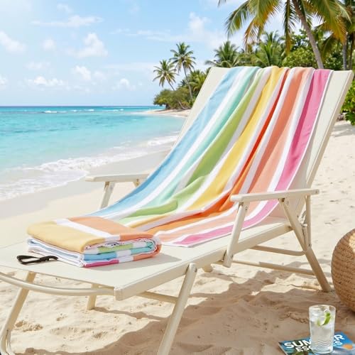 Colorful Striped Beach Towel: 72 x 35 Large Quick-Dry Beach Towel for Kids Adults & Family Soft Absorbent Terry Cloth Thin Lightweight Compact for Girls Trip Vacation Beach Bath Camping Pool Swim