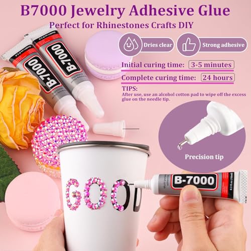 Image of Resin Rhinestones for Crafting with 3Pcs 10ml B7000 Jewelry Glue, 1 Box Hot Pink AB Flatback Gems Crystals Diamond for Bedazzling Crafts DIY Nail Art Makeup, Gems for Clothing Tumblers Shoes