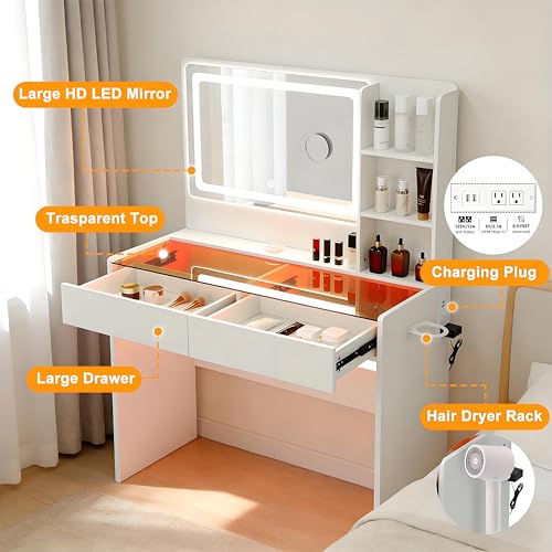 Image of Makeup Vanity Desk with LED Mirror & RGB Lights, Glass Top Vanity Table for Women, Adjustable Brightness & 3 Color Modes, 2 Drawers Storage, White Modern Bedroom Vanity Set