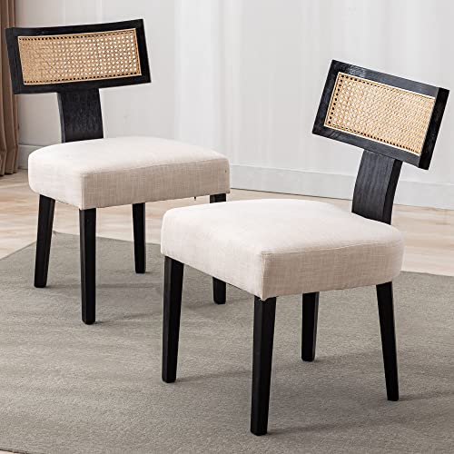 VESCASA Sillas de comedor tapizadas de lino con patas de madera negra, sillas de comedor acolchadas de granja con respaldo abierto curvado de ratán para comedor, cocina, juego de 2, beige