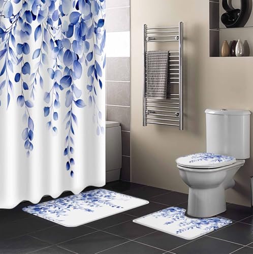 Blue Eucalyptus Bathroom Set with Shower Curtain and Rug Accessories - 36x72 Inches Long Botanical Plant Rustic Succulent Branch Stall Curtain Waterproof with Small Bath Mat,Washable Runner Rug Set