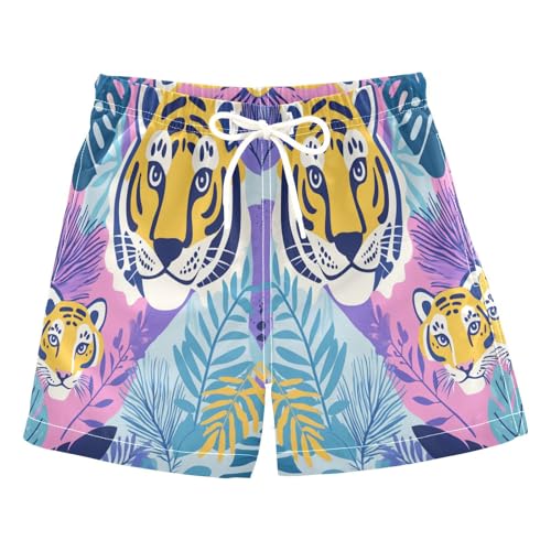 Jucciaco Boys Swim Trunk Quick Dry Beach Board Shorts Tiger Monstera Cartoon Swimwear for Kids Multicolor