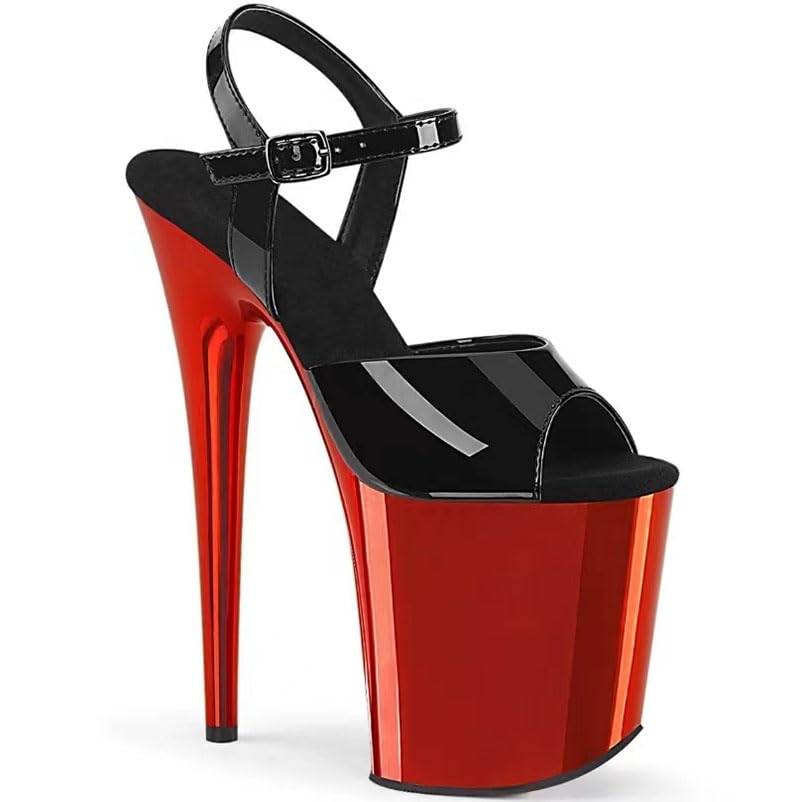 Denovas Womens 7.9in Very High Heel Platform Pole Dance Ankle Strap Stiletto Sandal Black-hot Red 8