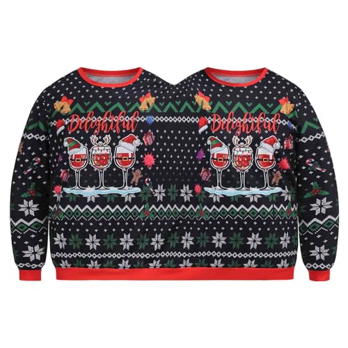 yolsun Mens and Womens Two Person Ugly Christmas Sweatershirt, 3D Printed Funny Sweater Couple for Xmas Party (Wine Glass,S/M)