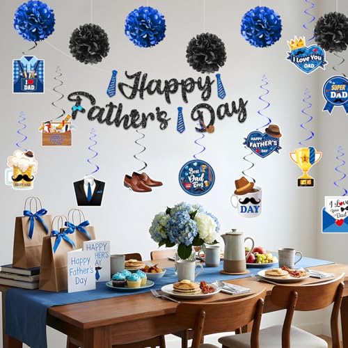 Image of 19pcs Fathers Day Decorations, Blue Black Pre-assembly Happy Fathers Day Banner Fathers Day Hanging Decorations, Fathers Day Decorations for Party Home Office