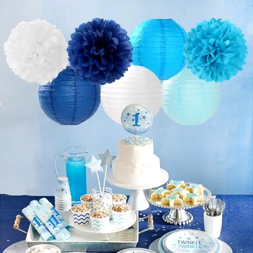 Image of Blue-White Birthday Party-Decorations Paper-Flowers Lanterns - 15PCS Light Royal Tissue Pom Poms Streamers,Classroom Ocean Themed Baby Bridal Shower Bachelorette Wedding Hanging Supplies Decor Hugfond
