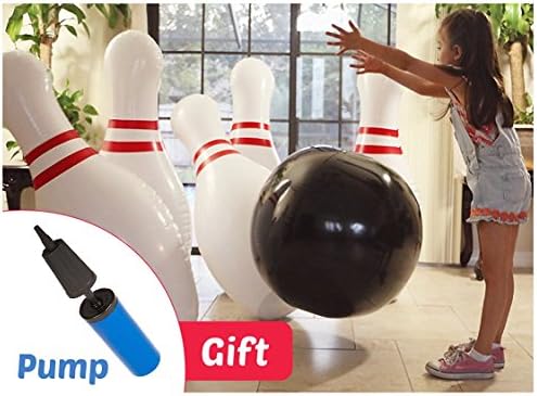 THE BIGGEST! Strikes and Spare Human sized inflatable bowling game. 42 inch tall pins 25 inch ball. PUMP INCLUDED. Pins include Premium Stability Base water chambers
