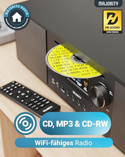Internetradio WLAN mit CD Player | Stereoanlage Bluetooth mit Radio DAB+ & UKW | 120W 2.1 Stereo Lautsprecher mit Eingebauter Subwoofer | Küchenradio mit Spotify Connect & Podcasts | MAJORITY Quadriga