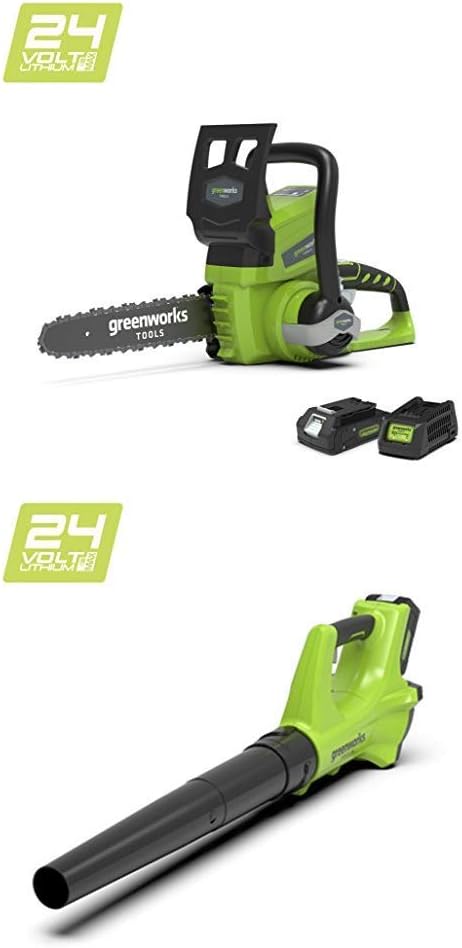 Greenworks24V Cordless Chainsaw 25cm (10") with 2Ah battery and charger - 2000007UA & Greenworks 24V Cordless Axial Blower - Battery and charger not included - 2402207