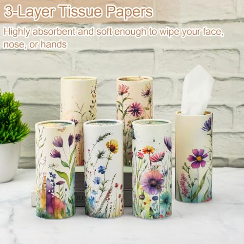Layhit 12 Pcs Car Tissues Round Tube Tissues Box with Facial Tissue Bulk Vintage Floral Flamingo Car Tissue Holder Travel Cylinder Printed Holder for Car Cup Holder(Flowers)