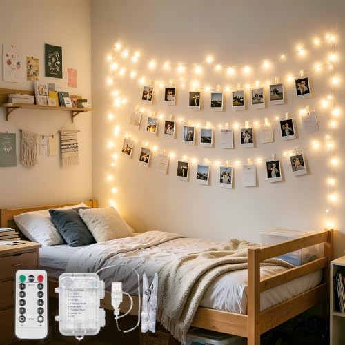 Image of suddus 16ft 50 LED Fairy Lights with Clips for Pictures, Photo Lights with Remote USB Powered & Battery Operated with 22 Clear Clips, String Lights for Party, Bedroom, Decoration, Warm White