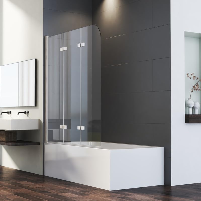 Goezes Duschwand für Badewanne 3-teilig 120x140cm Weiß Duschabtrennung, Faltbar Glas Duschtrennwand aus 6mm ESG Sicherheitsglas mit Nano beschichtung, Weiß Badewannenaufsatz Trennwand