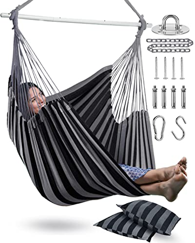 Image of XXL Hammock Chair Hanging Rope Swing with 2 Cushions - Max 500lbs-Perfect for Patio, Porch, Bedroom, Backyard, Indoor or Outdoor - Includes Hanging Hardware Kits