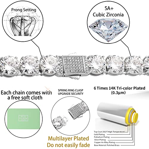 10MM Tennis Diamonds Chain Necklace 14K Gold Silver 5a+ Cubic Zirconia Full Diamond Sparkle Hip Hop Choker Chain Baguette Necklace For Men Women 16-30 Inch2