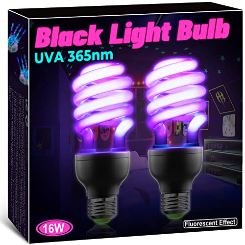 Cfl Black Light Bulbs, 16W Black Light Bulb E26 Base, Spiral Uv Light Bulbs, Uva Level 365Nm Black Light, Black Light Bulb For Glow Party Neon Party, Body Paint, Fluorescent Poster, 2 Pack #TOP12