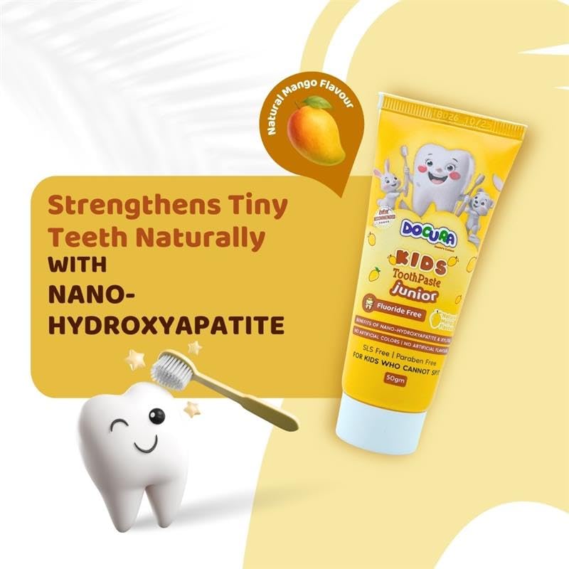 Docura Kids Toothpaste Junior, Natural Mango Flavour | Fluoride-Free, Safe if Swallowed | With Nano-Hydroxyapatite & Xylitol for Stronger Teeth | 50g + Free Baby Finger Toothbrush 3