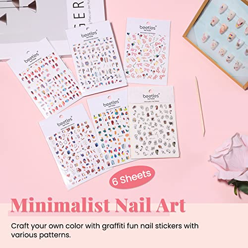 Beetles Graffiti Fun Nail Stickers For Nail Art, 6 Sheets Nail Decals 3D Self-Adhesive Minimalist Nail Art Stickers Abstract Face Rose Leaf Swirl Nail Design Stickers Manicure Tips Nail Decoration For Women Girls Spring Summer #TOP1
