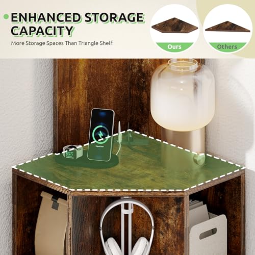 GOOBED Corner Shelf Cabinet, Industrial Corner Storage Rack with Charging Station, Wooden Display Bookshelf Living Room, Bedroom, Dining Room, Kitchen, Rustic Brown