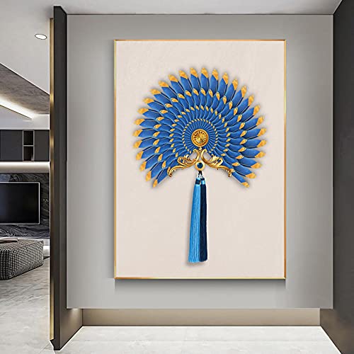 Toile peinture plumes bleu blanc style chinois doré 80x110cm décoration murale premium
