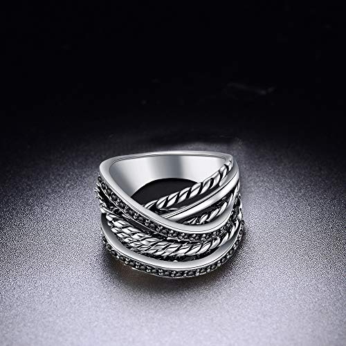 Vintage Wide Ring Classic Black Marcasite Crystal Rows Statement Silver Chunky Rings3