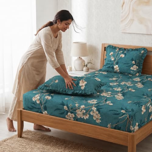Image of Vram Premium Heavy Cotton Flat Bedsheets with 2 King Size Frill Pillow Covers | Double Bed 350 TC | 90 x 100 Inch King Size Flat | :- Green Flower