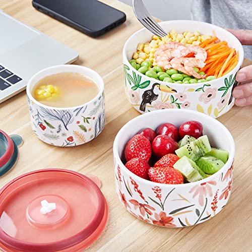 Thousandaynight Serving Bowls With Lids, 3 Piece Ceramic Bowls Set, Microwave & Dishwasher Safe, For Soup, Salad, Rice, Cereal, Breakfast, Dinner, Serving, Oatmeal (Pink) #TOP6