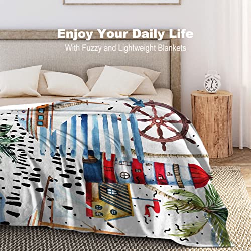 Cubyter Anchor Rudder Lighthouse Sailboat Palm Tree Leaves Throw Blanket Ocean Nautical Watercolor Marine Style Throw Blanket Cozy Fuzzy Fleece Blanket For Sofa Bed Couch #TOP1
