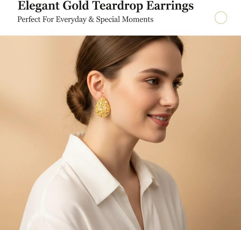 14K Gold Plated Statement Earrings for Women Trendy Chunky Teardrop Drop Dangle Earrings Hypoallergenic Large Stud Earrings Formal Wedding Prom Jewelry - Image 6