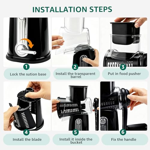 Rotary Cheese Grater Hand Crank - Cheese Shredder with 5 Blades & Strong Suction Base, Mandoline Slicer Vegetable Chopper, Kitchen Gadgets with Storage Box, Black - Image 6
