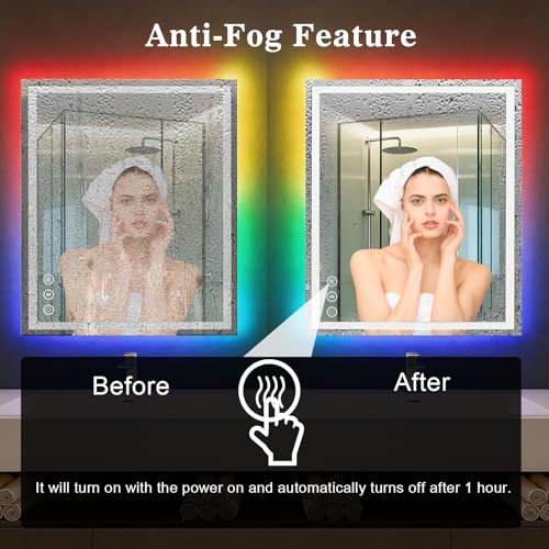 Image of WTTY LED Bathroom Mirror 48 inchx36 inch with RGB Backlit and Front Light,Stepless Dimmable LED Mirror for Bathroom,Colored Lighted Bathroom Vanity Mirror,Anti-Fog,Memory Function,Shatter-Proof