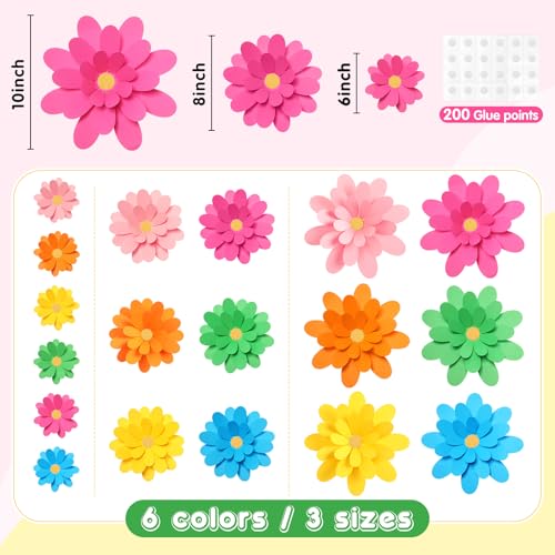 Image of MotiMind 18 Pcs Paper Flowers Bulletin Board Decorations DIY 3D Paper Floral for Wall Classroom Back to School Birthday Party Flower Backdrop Decoration Photo Backdrop(Rainbow Color,6 inch 8 inch 10 inch)
